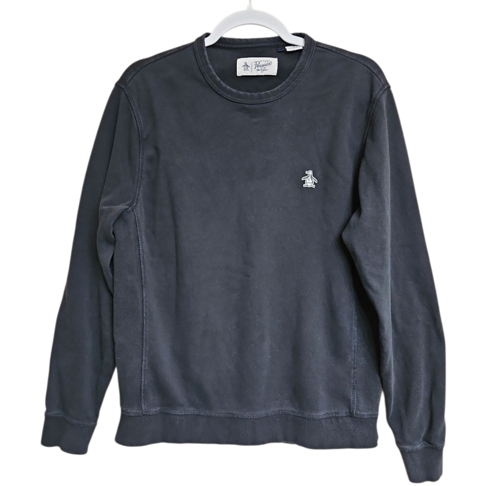 Penguin Original Sticker Pete Crew Neck Fleece Navy Blue Sweatshirt Sz M Mens